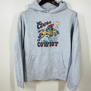 Coors Cowboy Hoodie Mens M Gray Bucking Bronco Graphic Print Rodeo NRF Cowboy